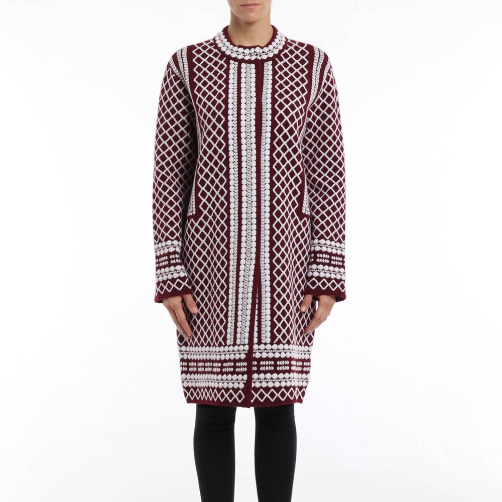 Tory Burch Wool Maroon and Cream Knit Sweater Coat